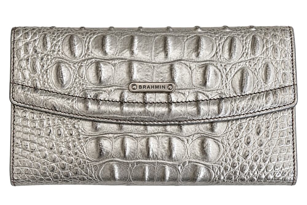 Brahmin Silver Metallic Croc Embossed Leather Checkbook Wallet
